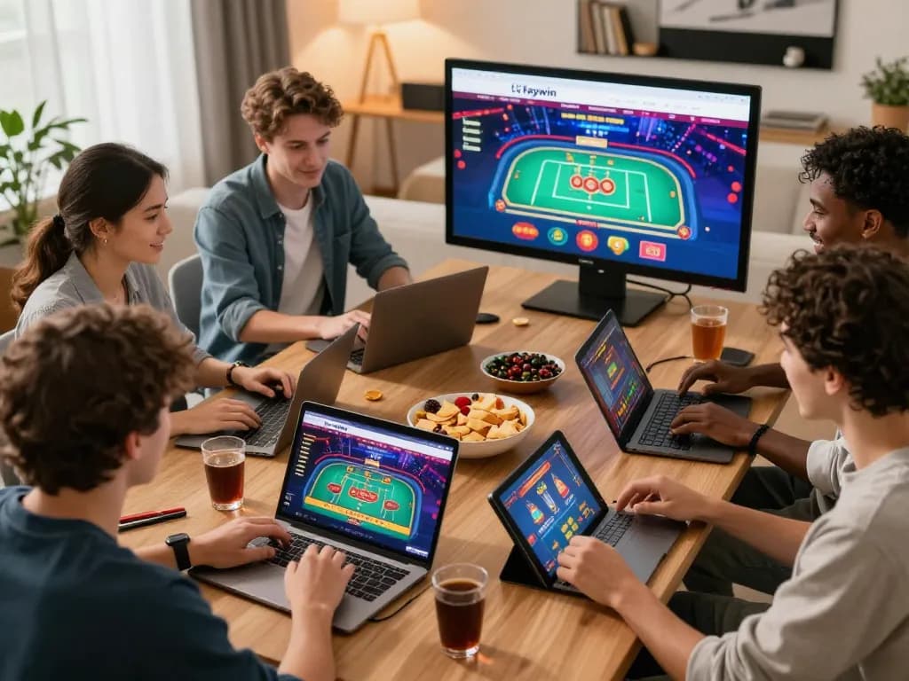 Friends enjoying online casino games at home, focused on Haywin for responsible gaming.