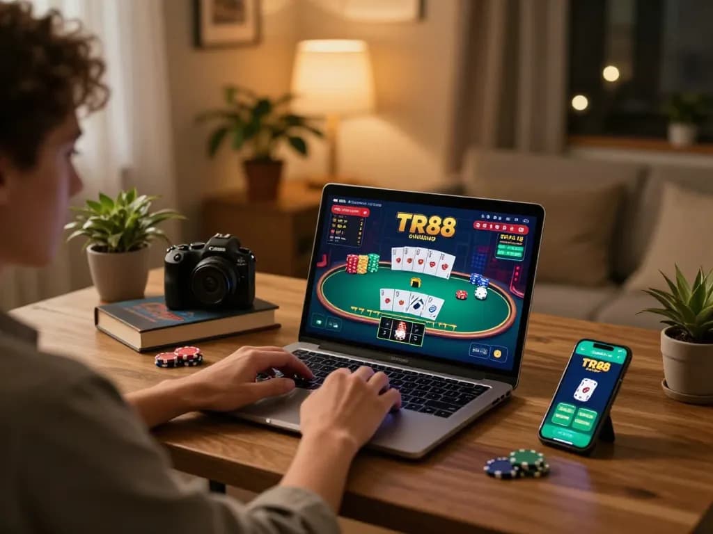 Person engaging with TR88 online casino on a laptop, showcasing dynamic poker game action.