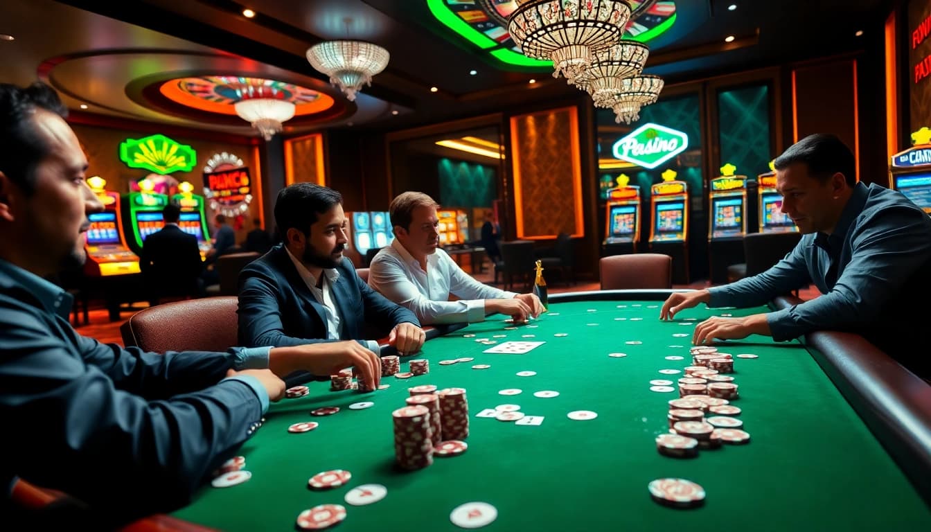 Experience the thrill of gaming at XX88's bustling casino, featuring intense poker action and vibrant slot machines.