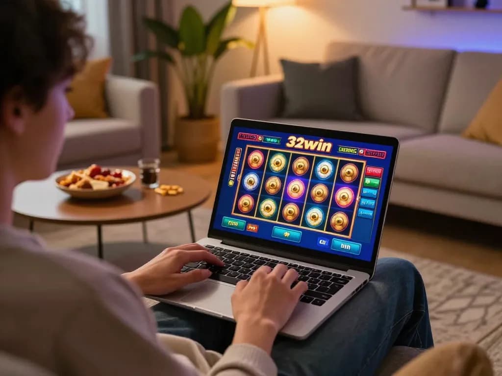 Engaging online gameplay on 32win with colorful slot machine interface in a cozy home setting