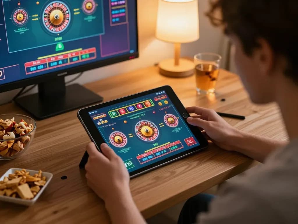 Sunwingo user enjoying roulette on a tablet with engaging graphics and a cozy atmosphere.