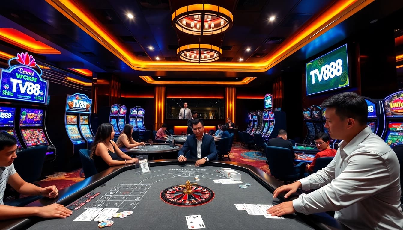 Exciting scene of players enjoying games at TV88 casino with vibrant slot machines.