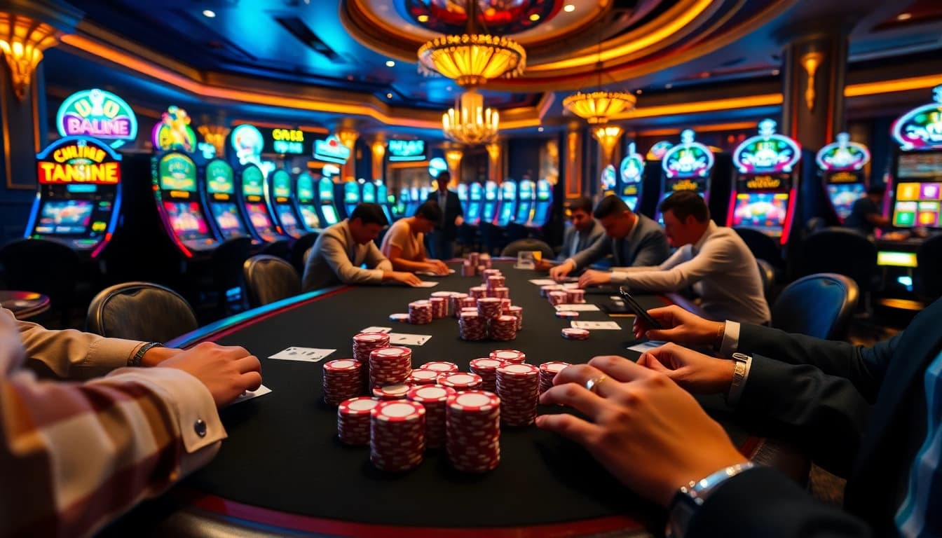 Engaging poker scene at 123b.ing casino, showcasing players and vibrant tables.