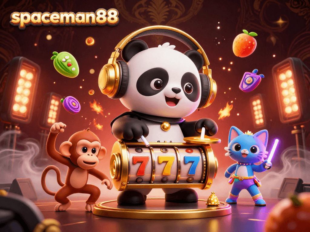 Spin and win with spaceman88 in a colorful, energetic 3D slot gaming scene.