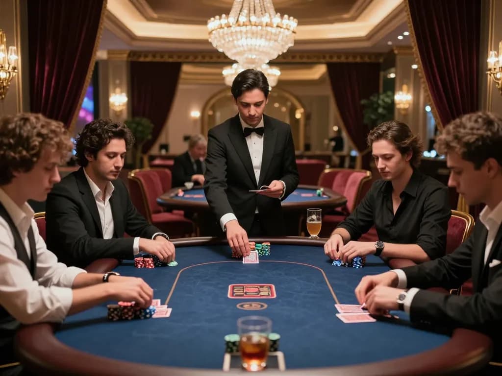 SIN88 players strategizing at an exclusive poker table in a luxury casino