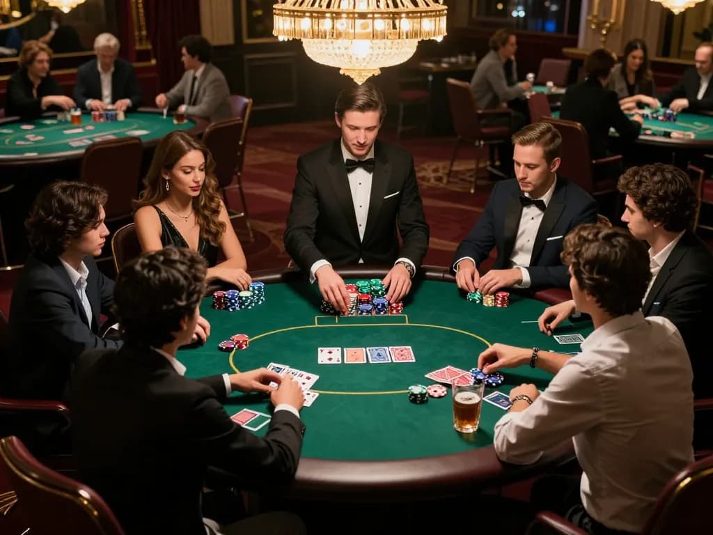 Players engaging in poker gameplay at a high-stakes table, showcasing 555win excitement and strategy.
