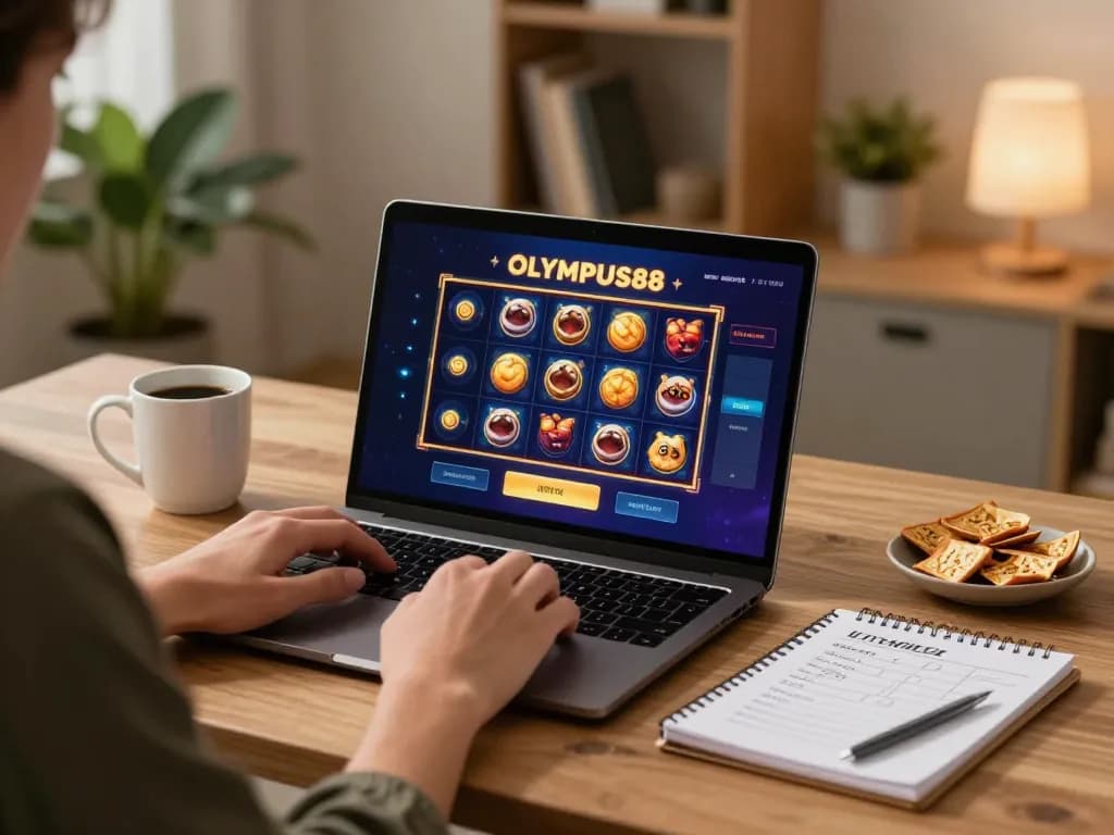Engaging with OLYMPUS88 game on laptop, showcasing strategic online gambling setup.