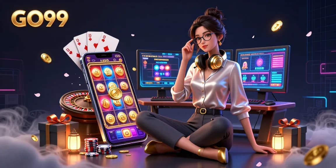 Experience winning moments at GO99 with a vibrant 3D casino setup featuring animated slot games and a dynamic atmosphere.
