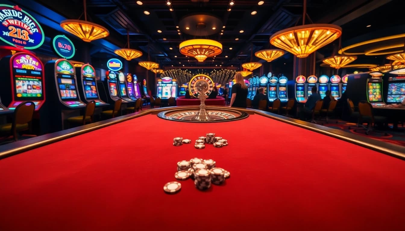 Exciting B52 poker table with chips and vibrant slot machines in a luxurious casino