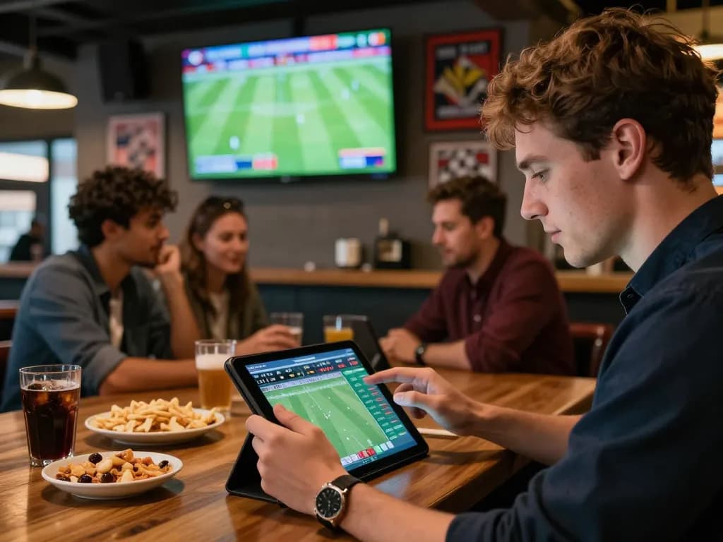 Nagabola sports bettor analyzing game statistics on tablet at lively sports bar with friends.