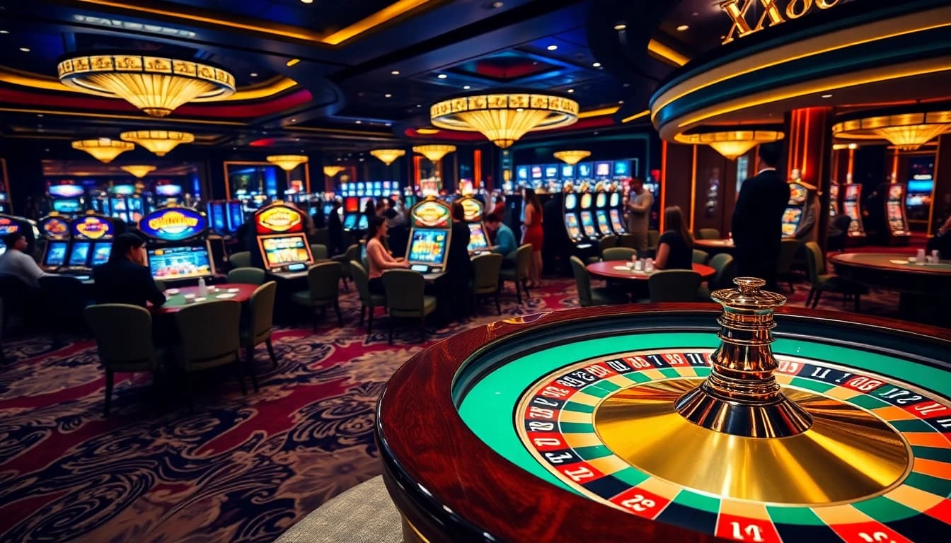 Players enjoying various games at XX88 com's luxurious casino gaming floor with roulette and slots.