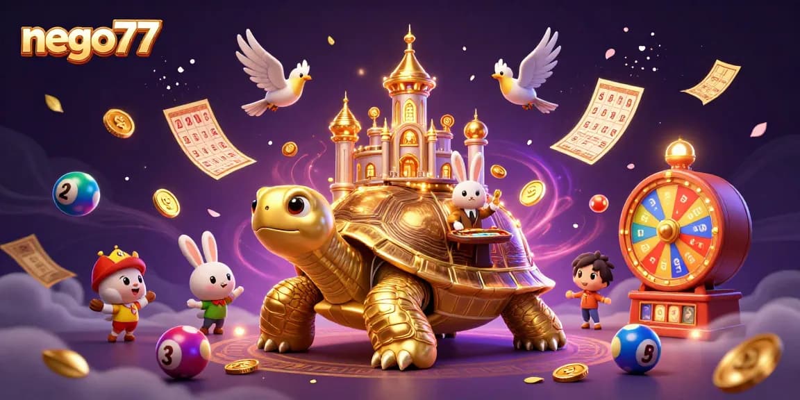 Nego77 captures a vivid casino scene with a golden tortoise, rabbit dealer, and flying coins.