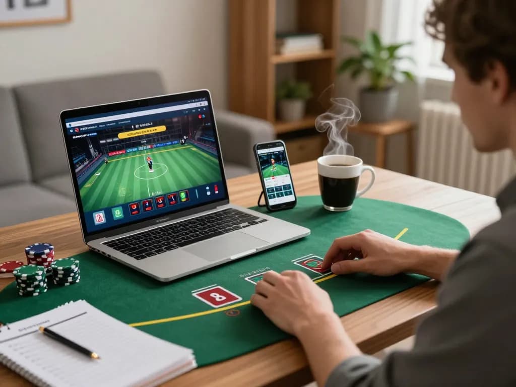 Sao789 player engaging in live dealer blackjack on a laptop with strategic notes