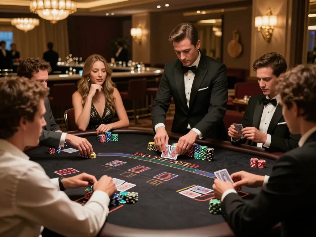 Players strategizing at a cm88 blackjack table in an upscale casino, featuring colorful chips and an elegant atmosphere