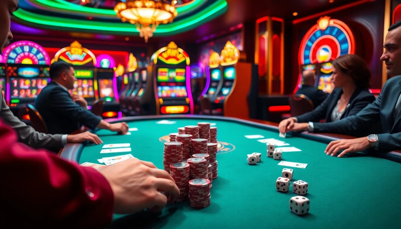 Engaging poker scene highlighting luck8, with players and colorful chips