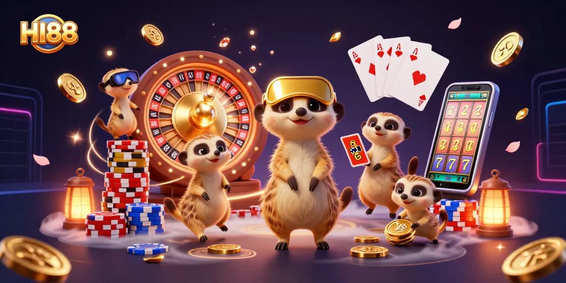 Engage in thrilling HI88 casino action within a vibrant meerkat-run casino featuring games and chips.
