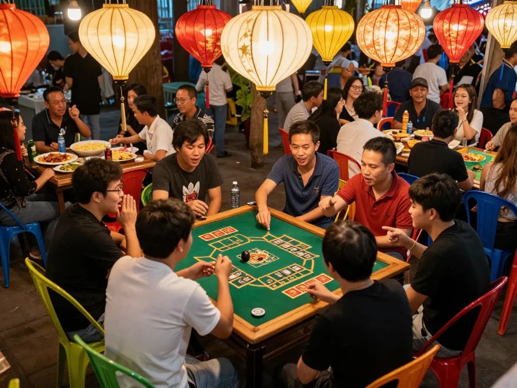 Xóc đĩa players engaged in an exciting game at a local festival, showcasing vibrant community spirit.