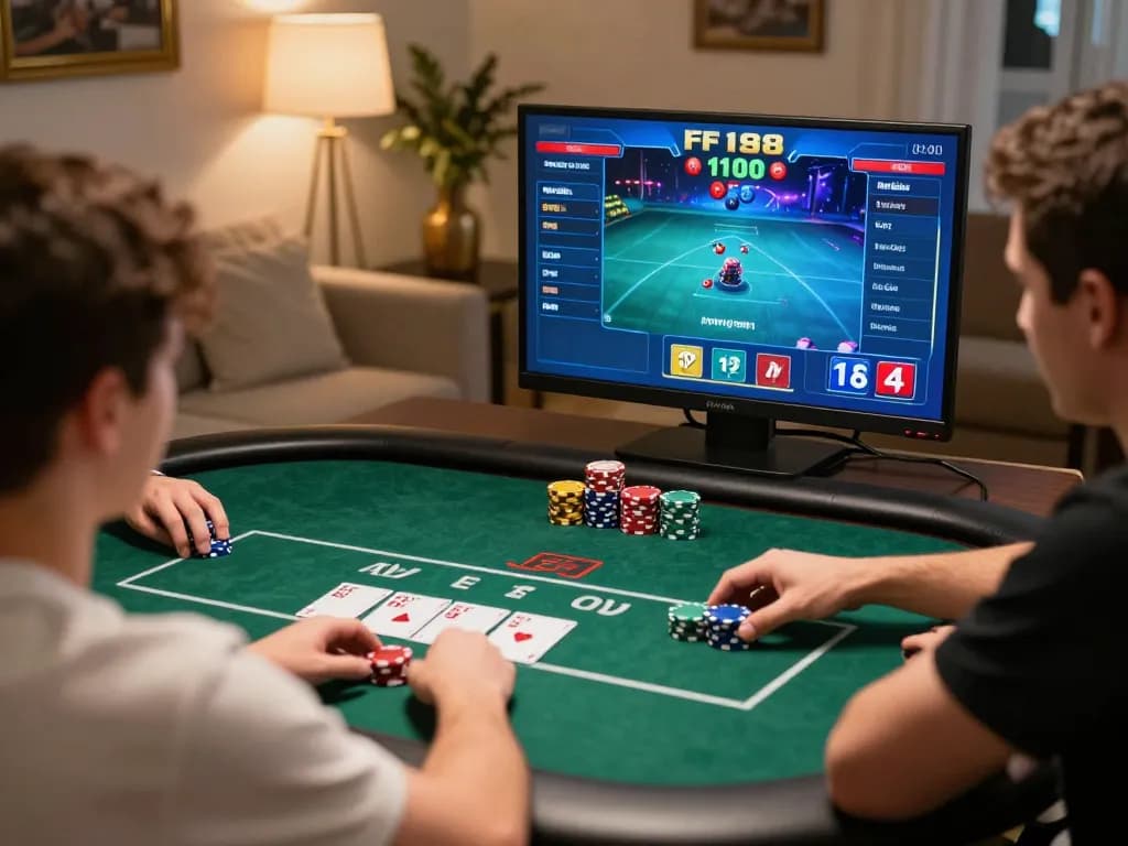 F168 online players strategizing their poker bets in a cozy home environment