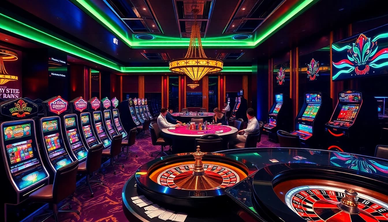 Engaging players in a luxurious casino scene, showcasing เว็บตรง soibet with vibrant slot machines and poker tables.