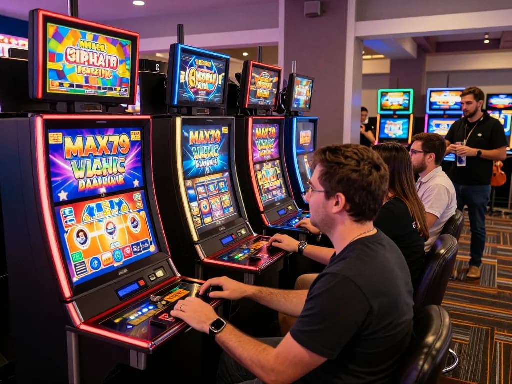 Max85 gaming excitement with players around vibrant slot machines at Max79 casino