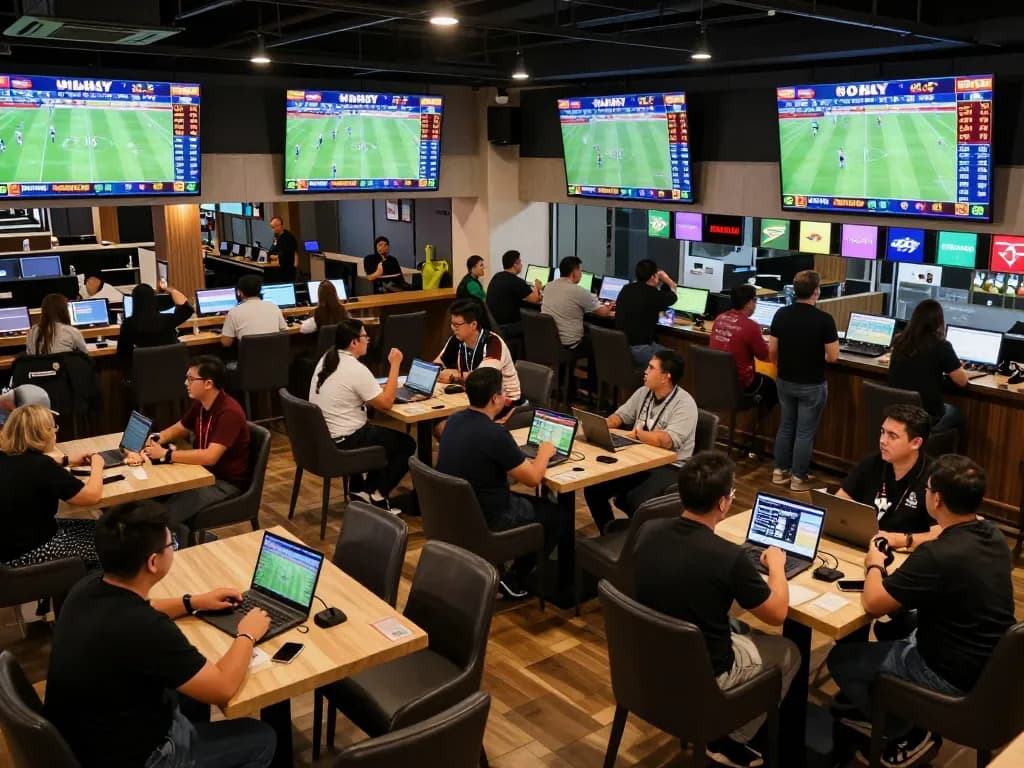 A vibrant sports betting scene at keonhacai5, showcasing bettors analyzing odds on large screens, filled with excitement and real-time betting action.