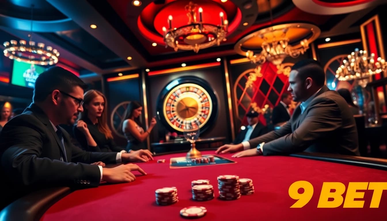 Players are engaged in a high-stakes poker game at 9BET, showcasing excitement and strategy.