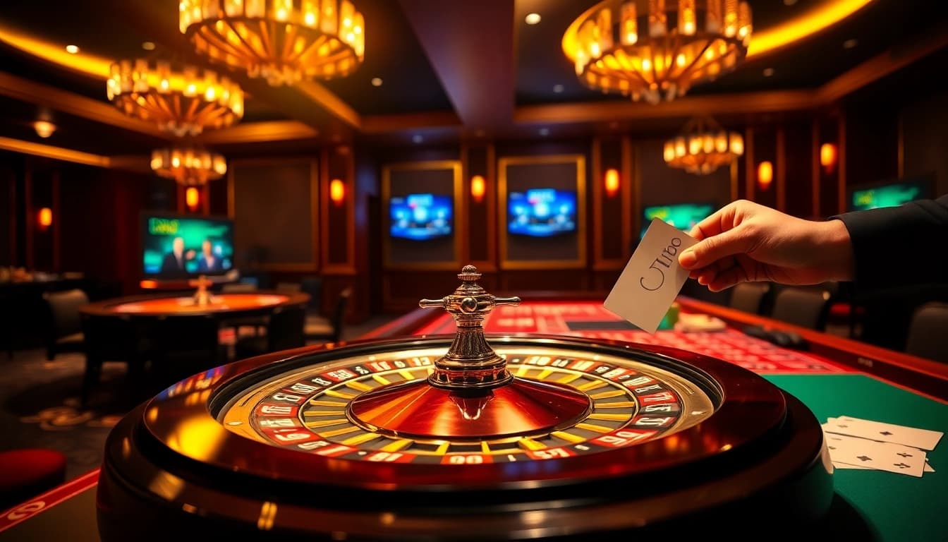 Kèo nhà cái 5 displayed on screens in a vibrant casino setting featuring roulette and poker.