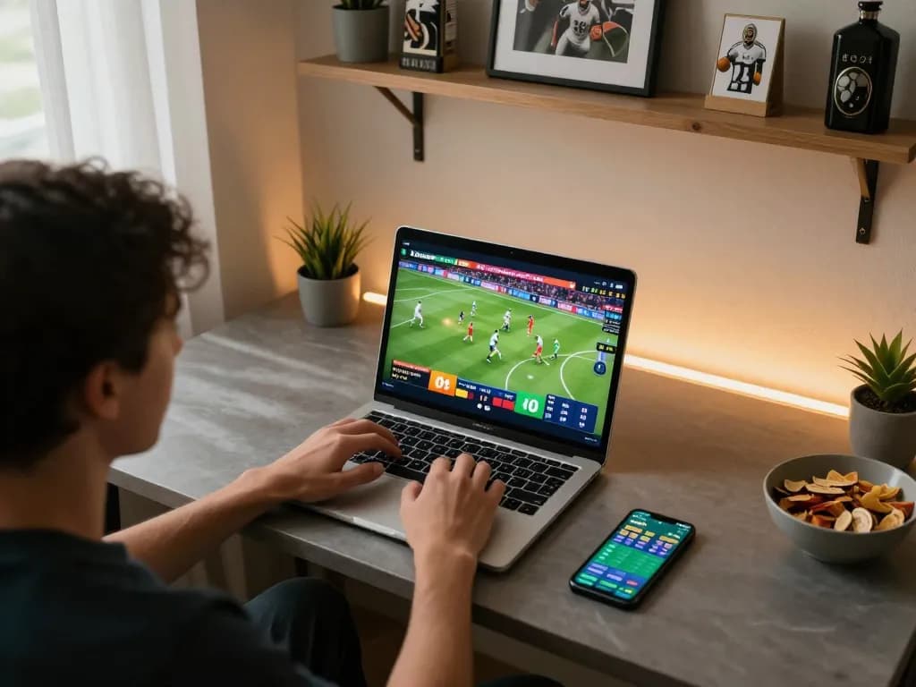 Engaging in kèo bóng đá betting using a laptop at home, showcasing dynamic sports betting atmosphere