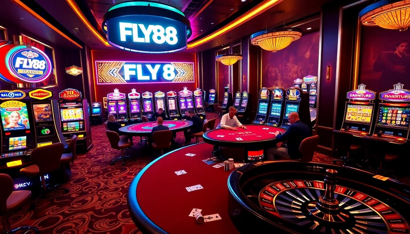 FLY88 poker players at a vibrant casino table with slot machines and roulette wheel.