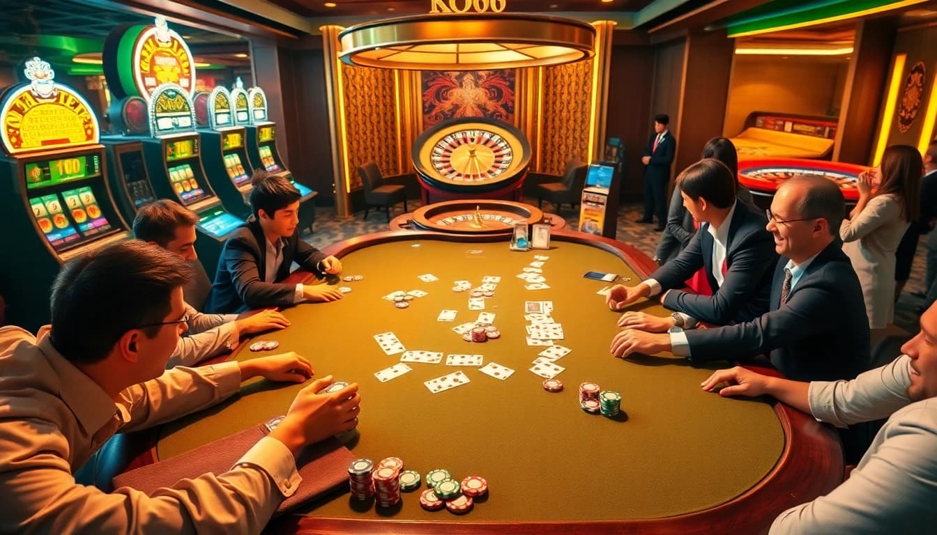 Các người chơi KO66 tận hưởng một trò chơi poker gay cấn với những chip và bài tươi sáng trong một không gian casino sang trọng.