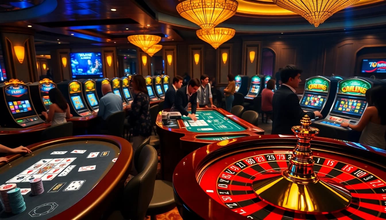 Hit Club casino scene showing players enjoying vibrant card games and slot machines.