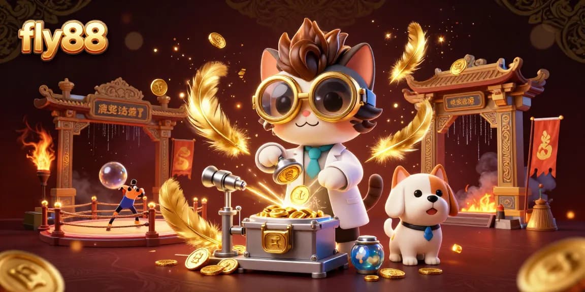 Experience thrilling gameplay at fly88 with mad scientist cat and loyal assistant in a vibrant casino scene.