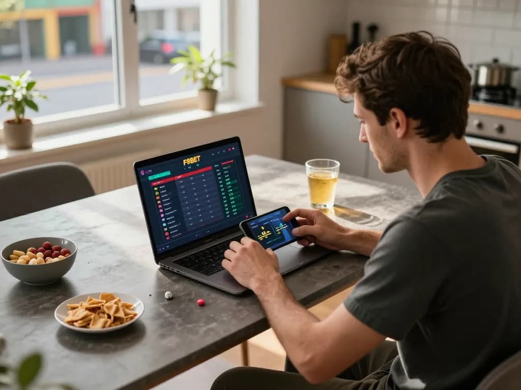 Person placing a bet on F8BET's platform while enjoying a cozy sports betting setup