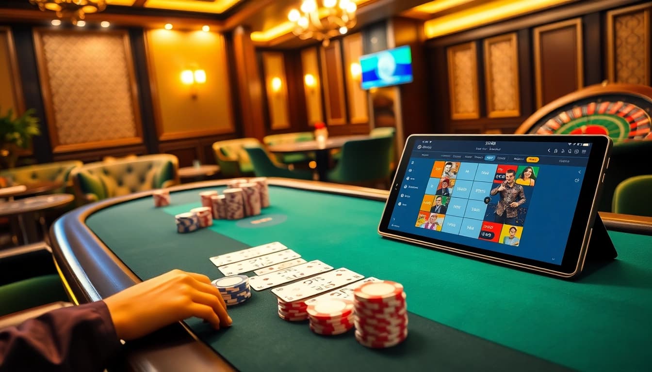 SX88 gaming table showcasing poker chips and cards in an elegant online casino setting.