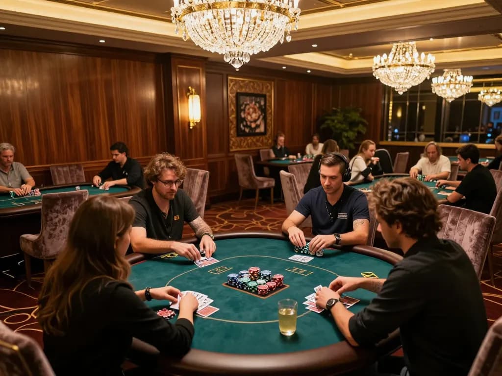 Vipwin players strategizing during a high-stakes poker game in a luxurious setting.