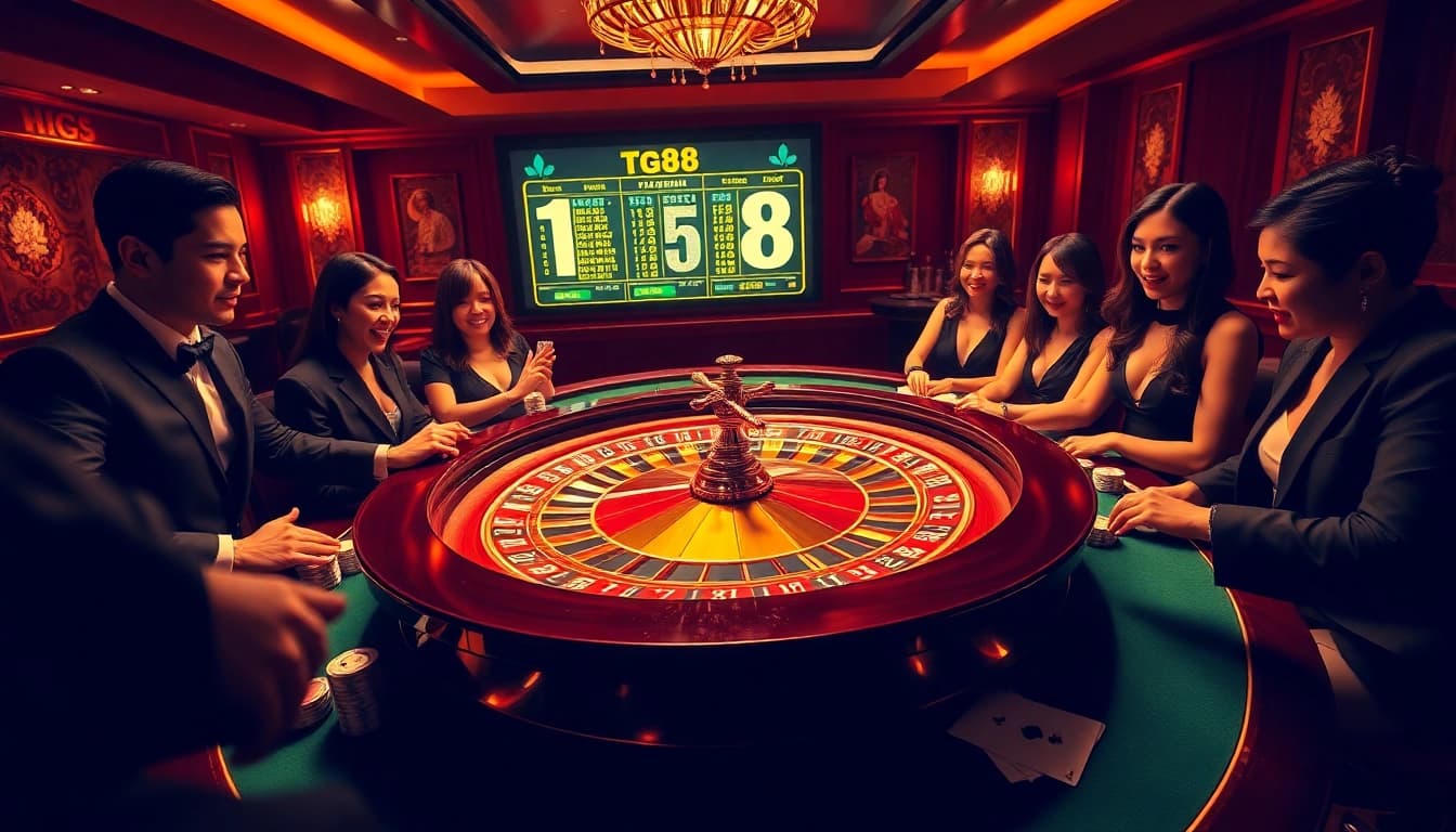 Exciting casino scene with players at a roulette table showcasing tg88's thrilling atmosphere and high-stakes betting.