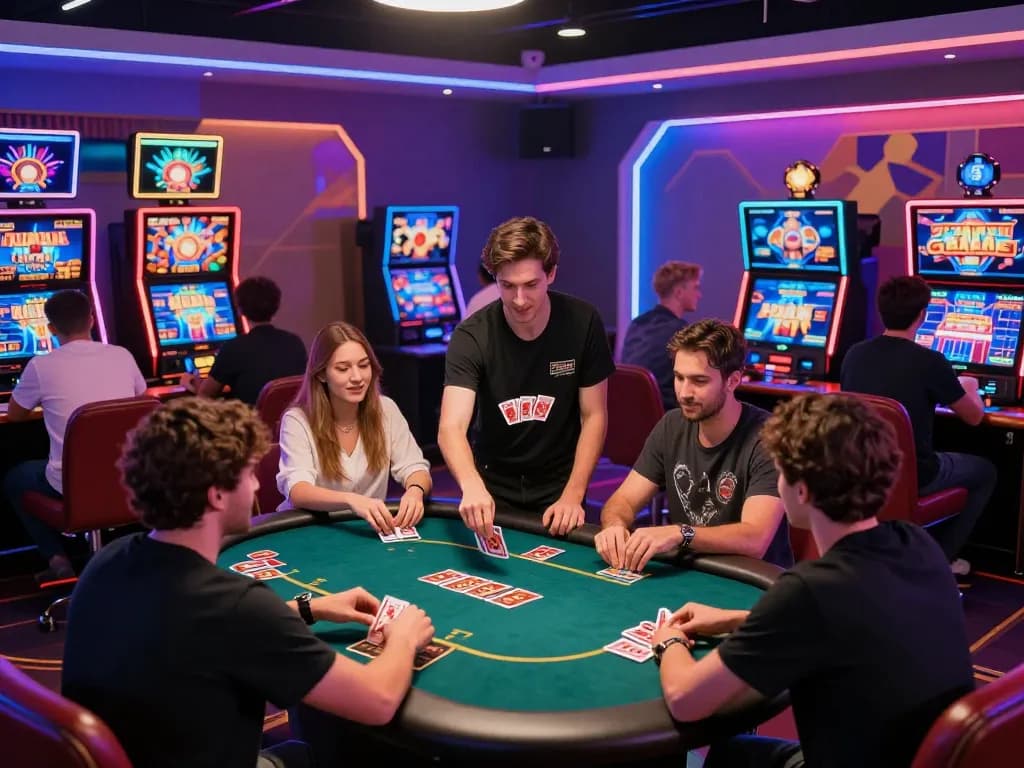 23win online casino scene with players enjoying poker and slots in a vibrant setting