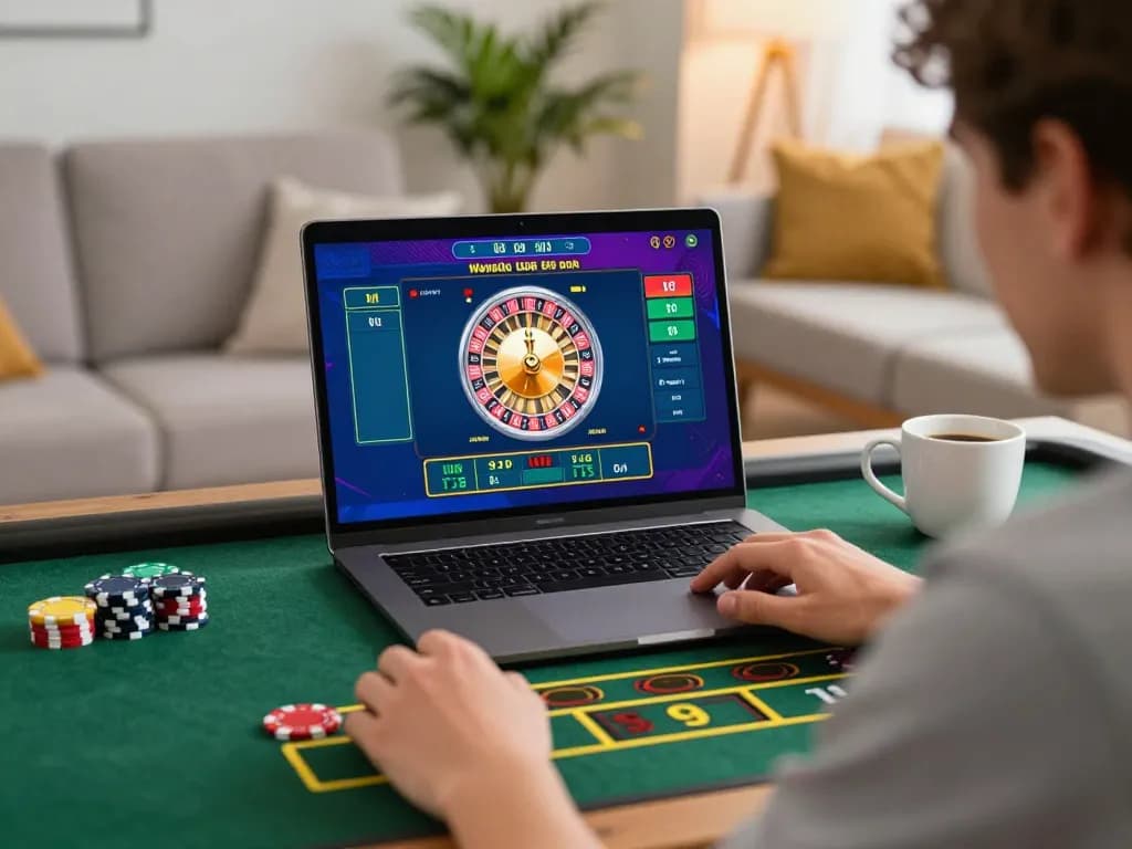 Engaging in a live dealer roulette game on RR88 platform from a cozy home, showcasing modern gaming