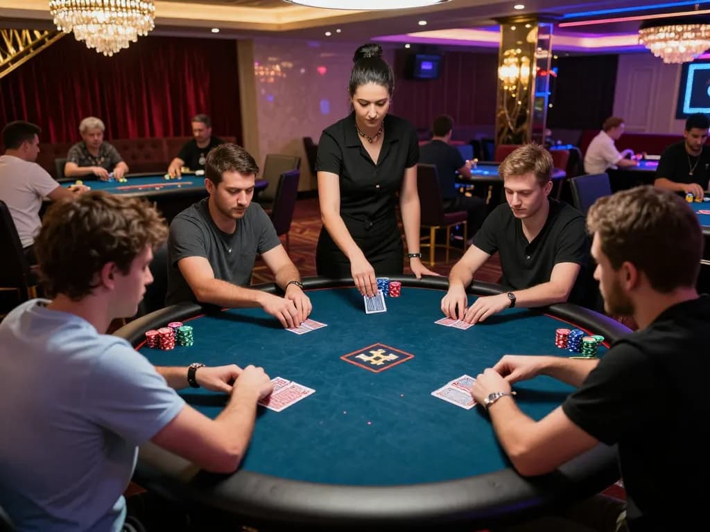 1GOM poker game in an upscale casino featuring players placing bets on cards, vibrant atmosphere and dynamic gameplay.