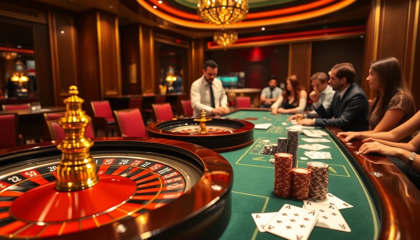 Players enjoying an exciting game of roulette at HM88 casino, with chips and cards in action.