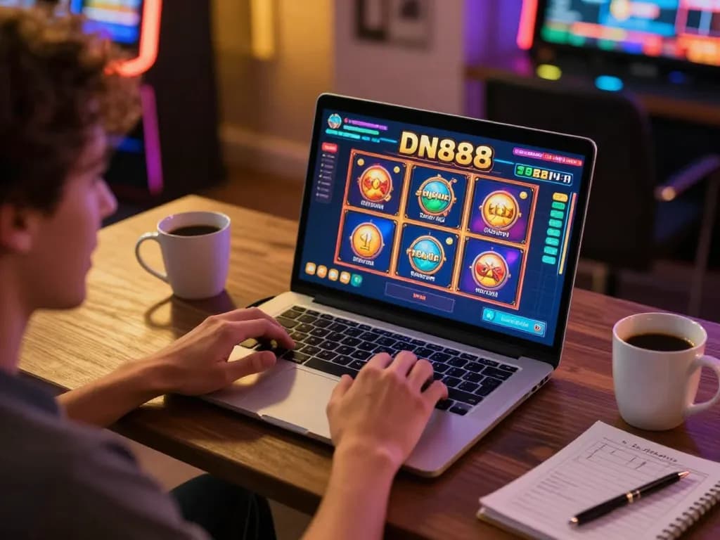 Person enjoying DN888 online gambling experience on a laptop, surrounded by strategy notes and warm ambiance