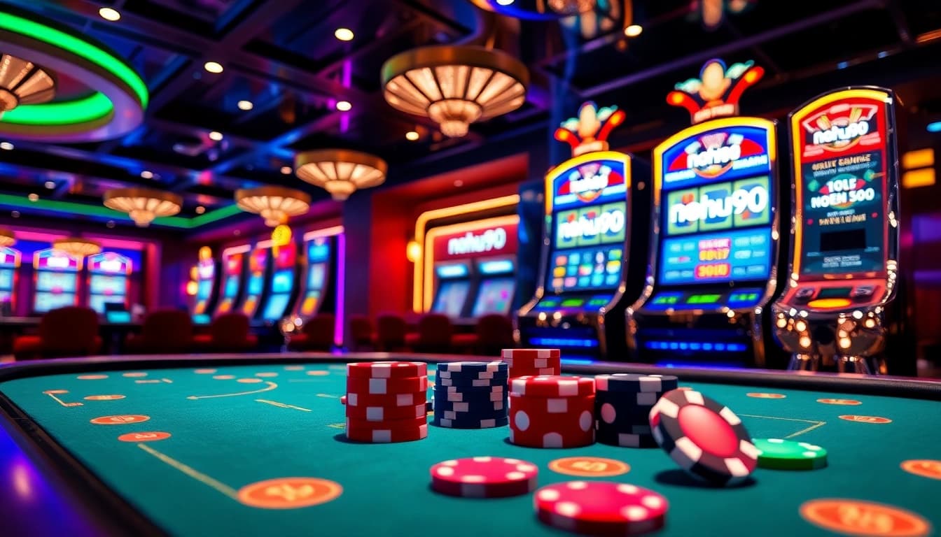 Experience thrilling gameplay at NOHU90 casino with vibrant poker chips and slot machines.