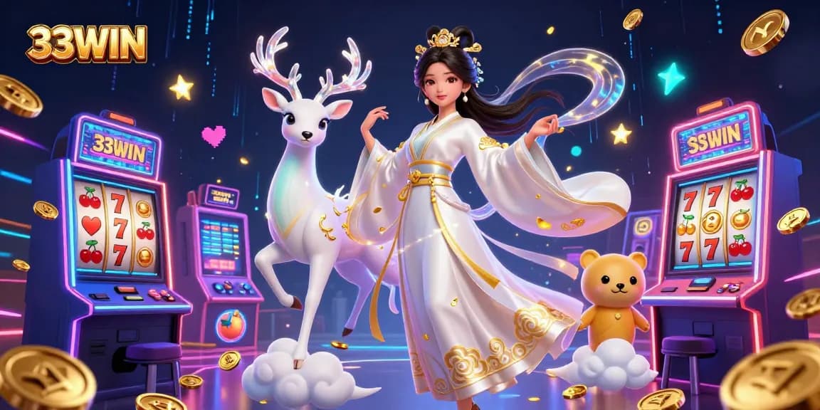 Engage with 33WIN through a captivating 3D illustration showcasing vibrant slot machines and enchanting characters.