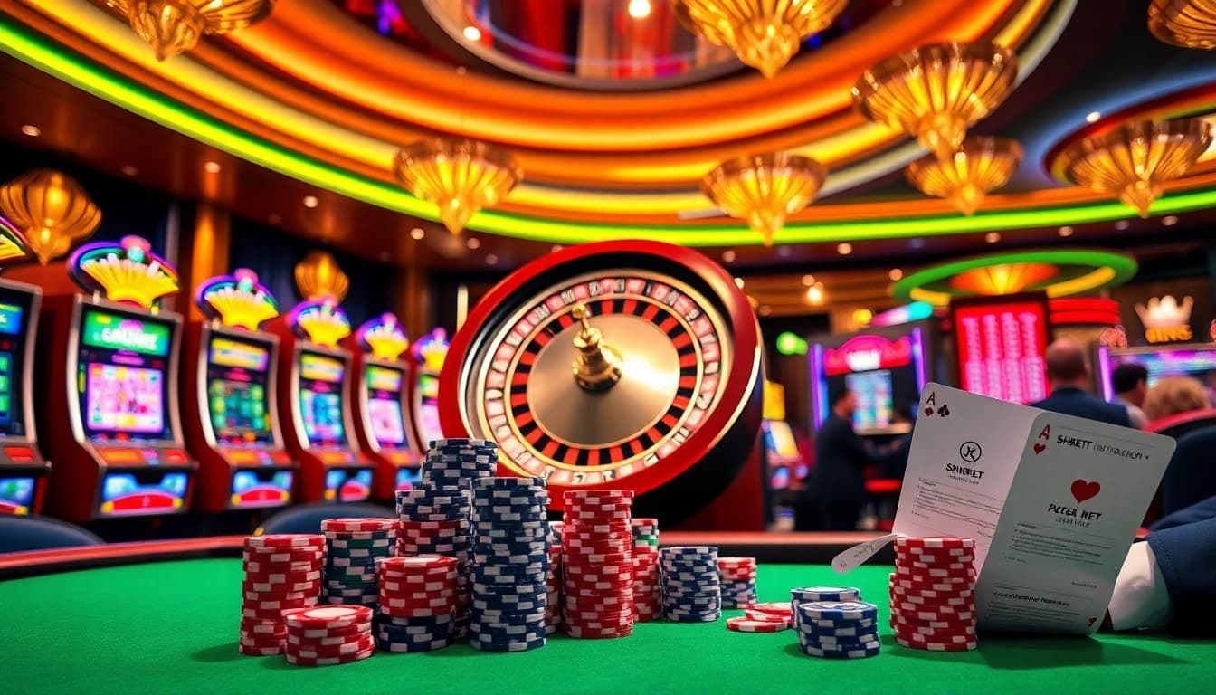 SHBET có uy tín không? Explore the vibrant casino scene with roulette and poker chips.