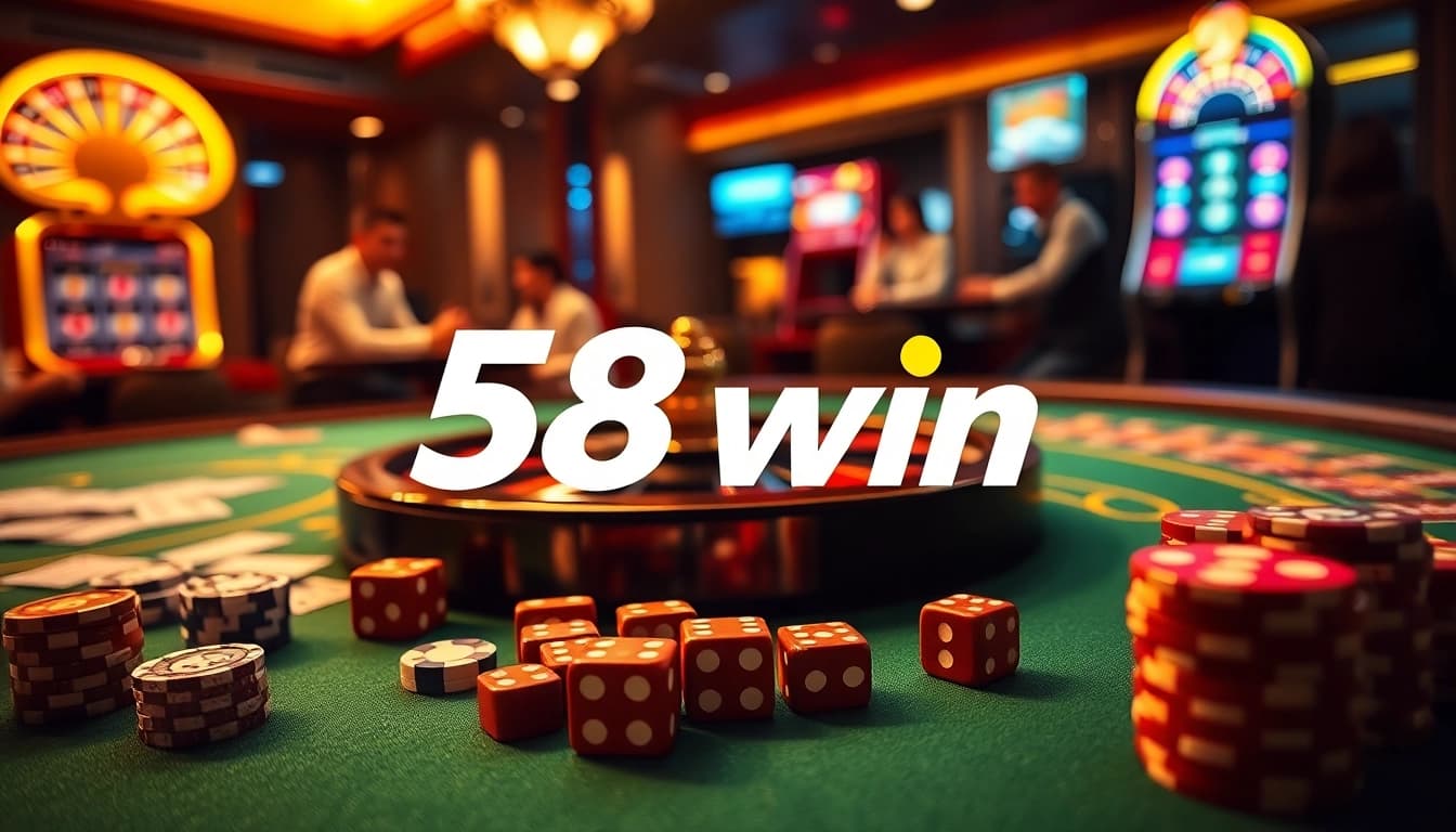 Gamblers celebrating a win at 58win casino with vibrant tables and chips.