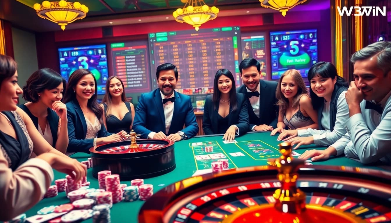 High-stakes players enjoying a game at 33WIN Casino, showcasing poker chips and roulette.