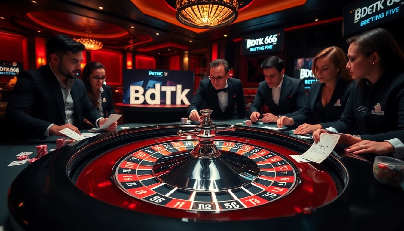 Engage in high-stakes poker at the BDTK66 casino, featuring luxurious tables and vibrant betting chips.