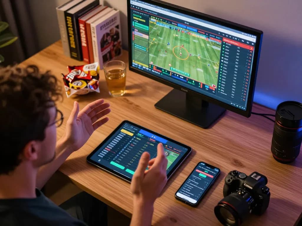Engaged user placing strategic bets on man88 sports betting app in a vibrant home office.