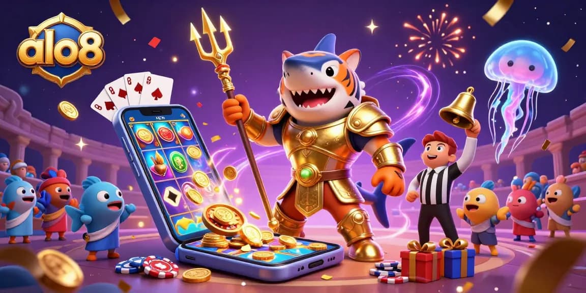 Experience the excitement at alo8 with our dynamic underwater casino scene featuring a shark and vibrant game elements.