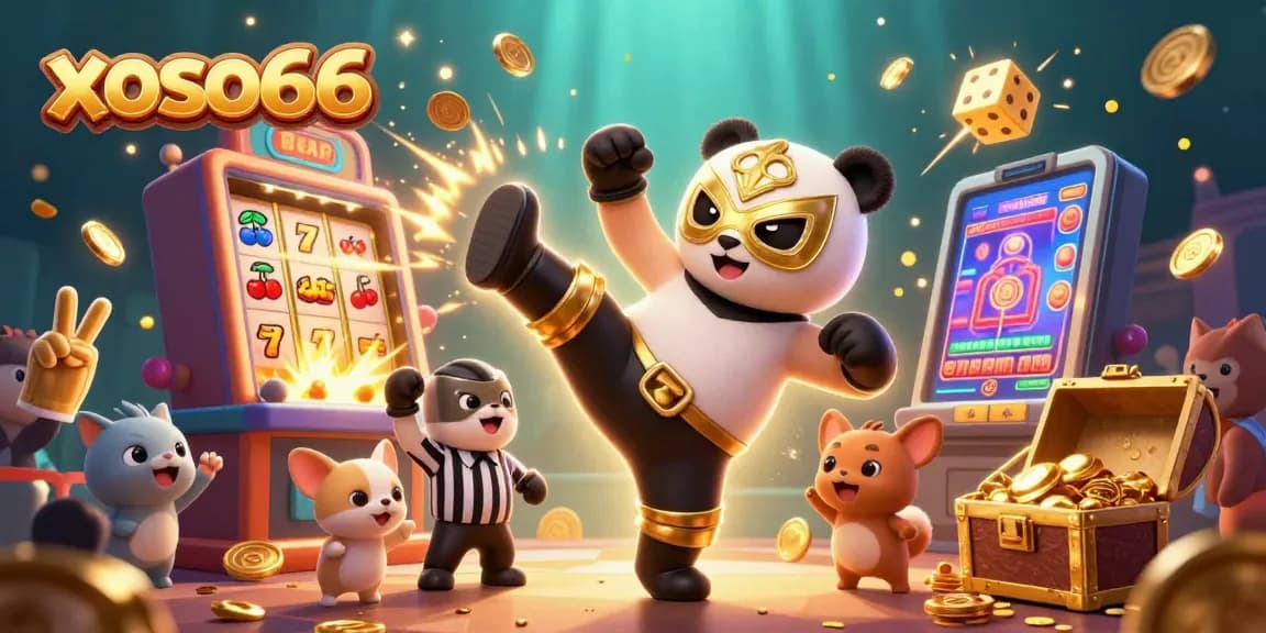 Experience the excitement at xoso66 with a cartoon panda flying through a vibrant casino atmosphere.